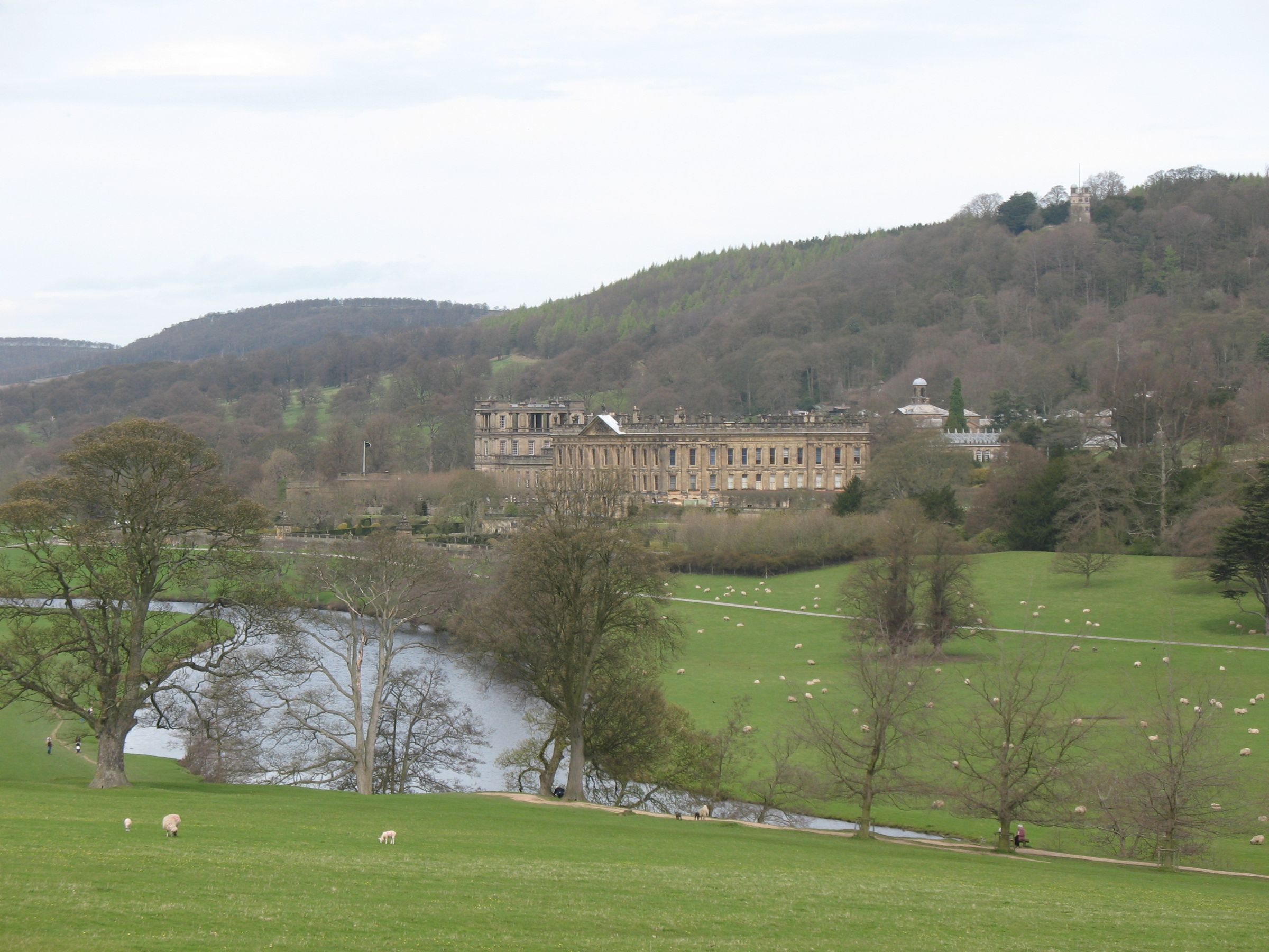 Chatsworth House across the River Derwent and its parkland