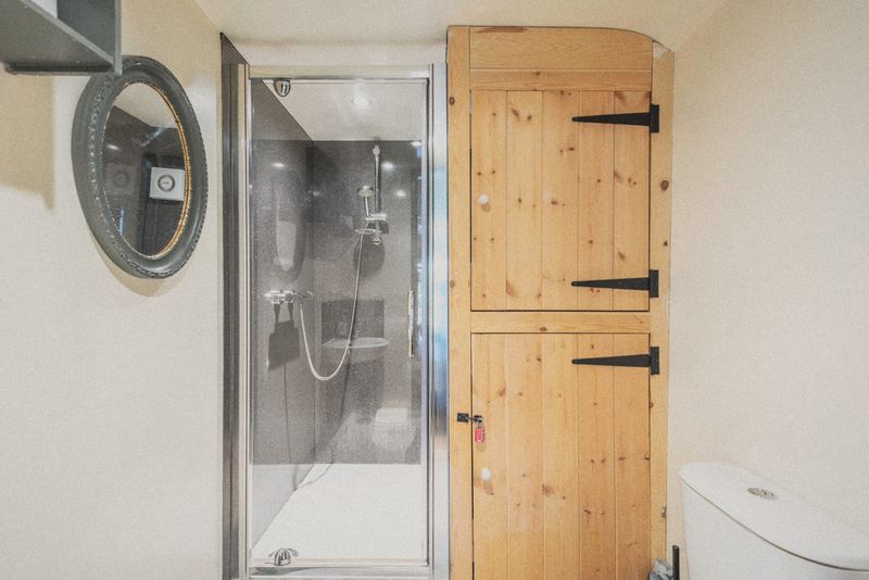 The shower room with plank door