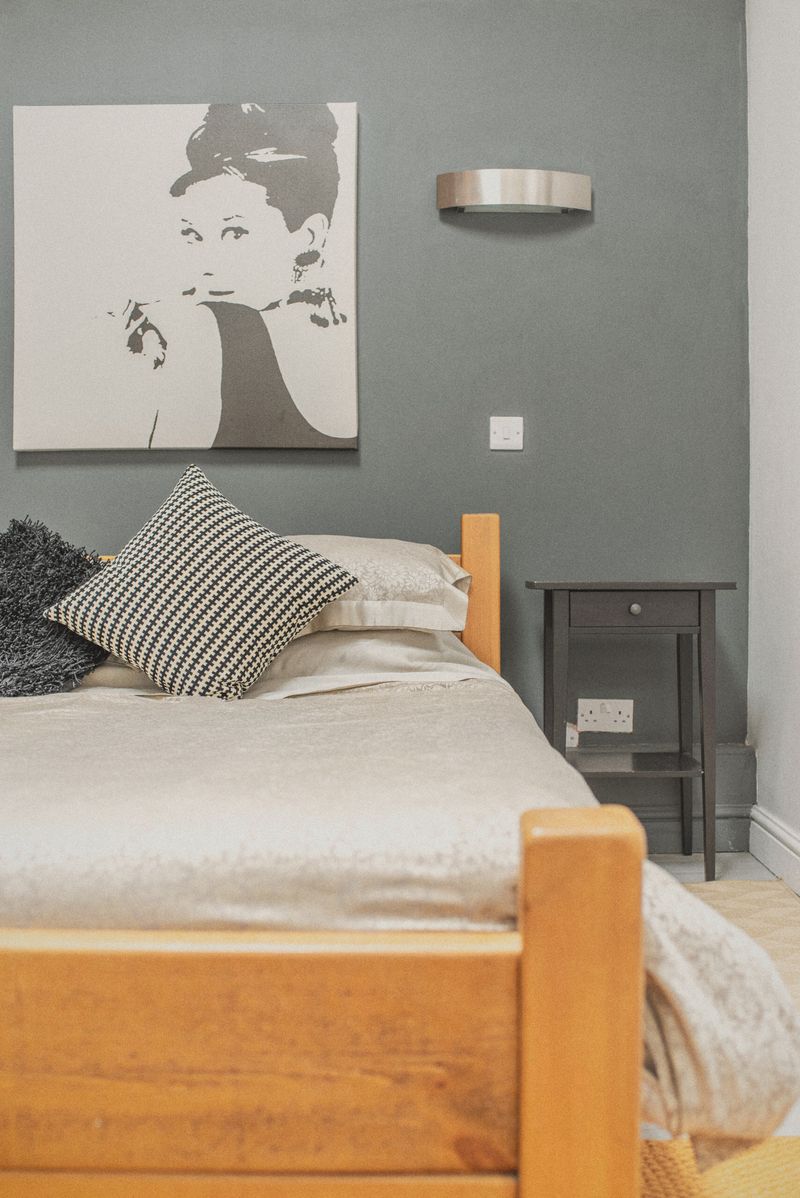 The double bed under the vaulted ceiling