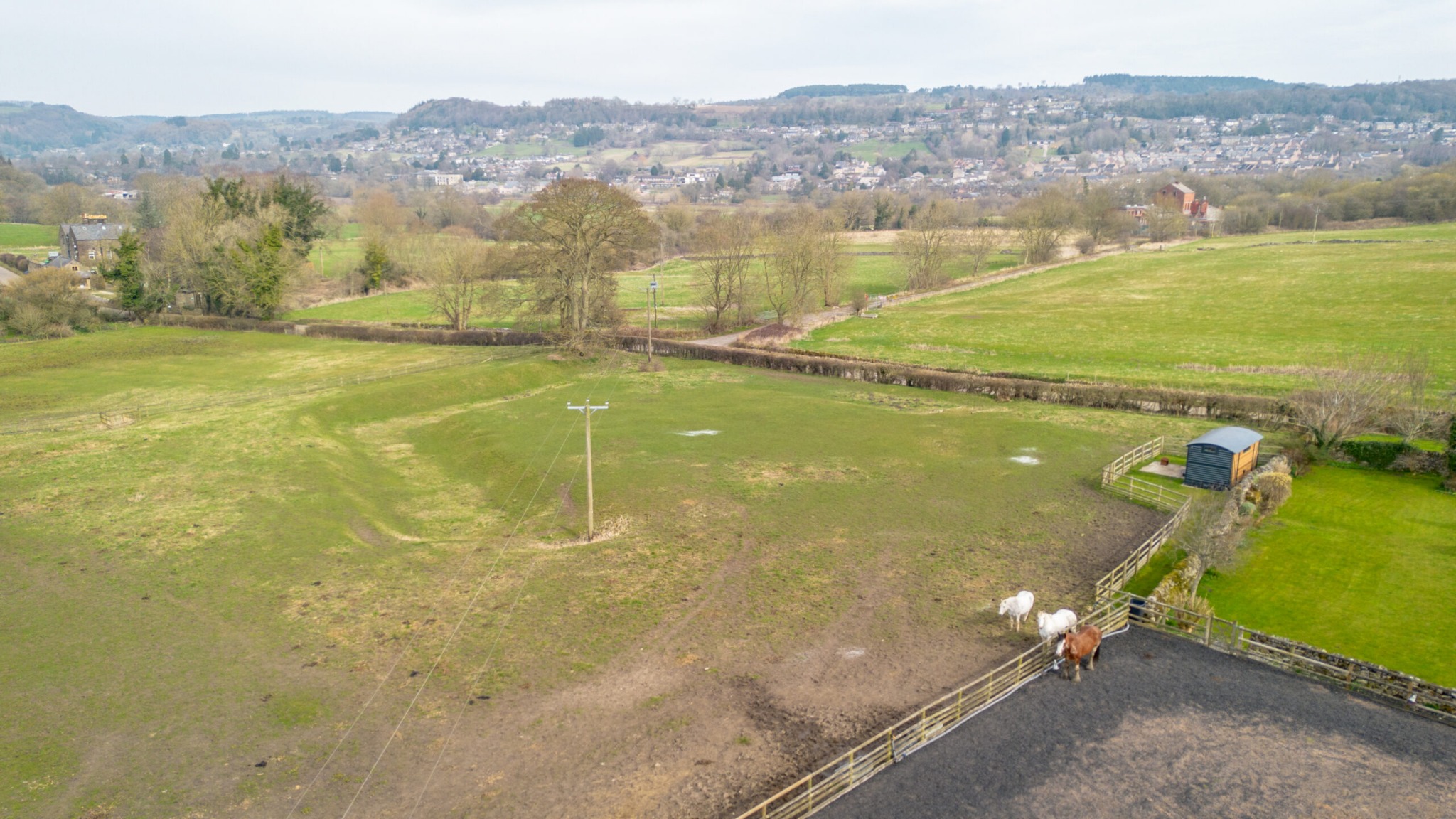The Carriage in the corner of its field, with countryside and the town beyond