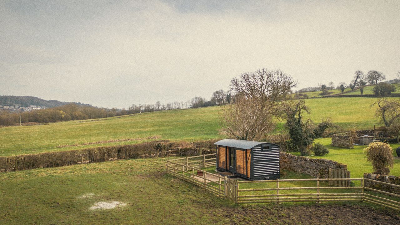 The Carriage in its field below the manor, from the air